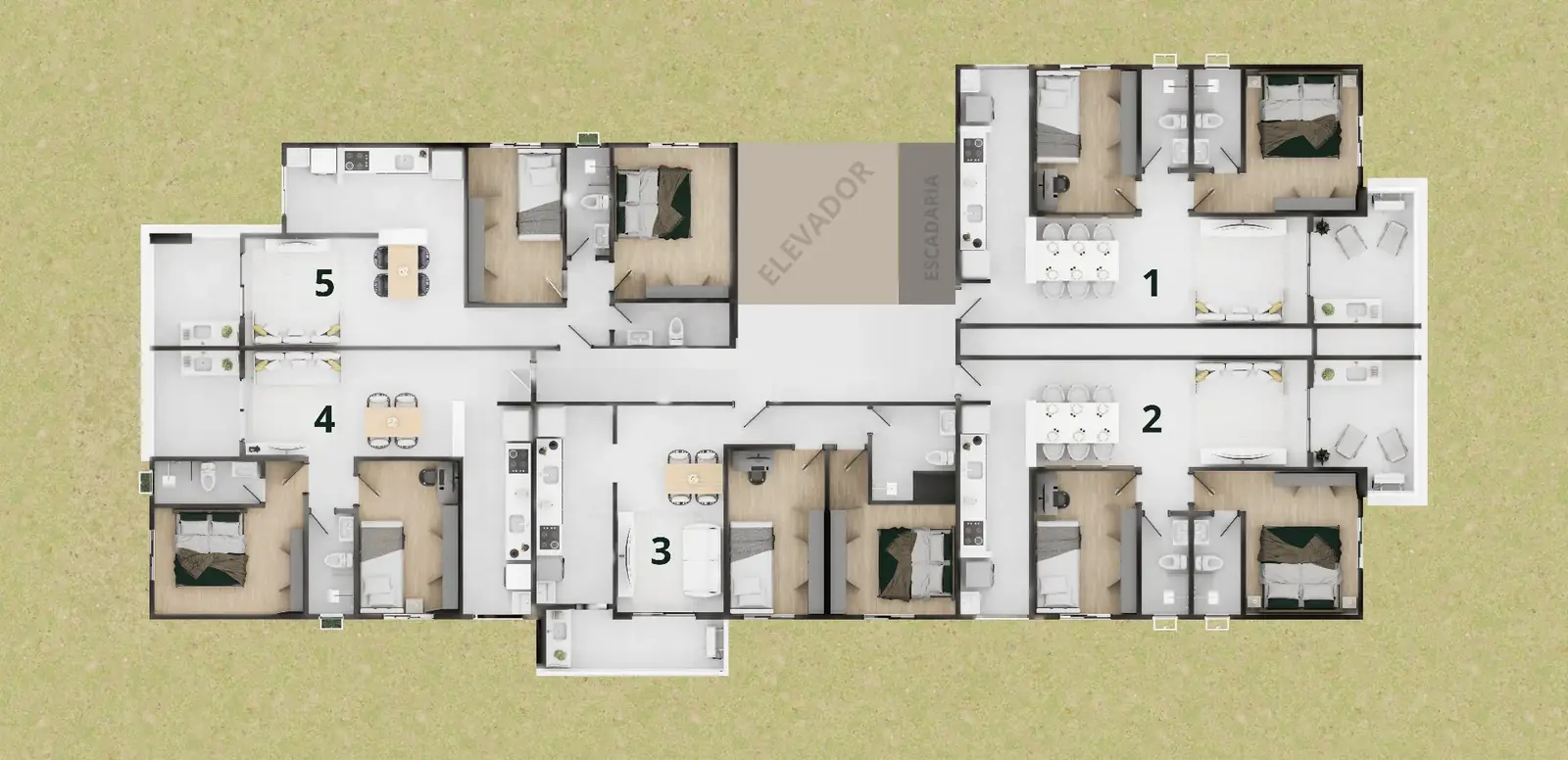 Vista superior do pavimento com a distribuição dos 5 apartamentos por andar