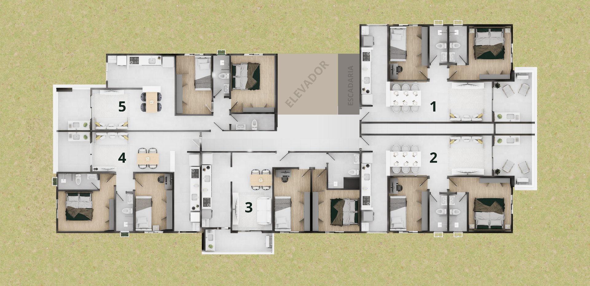 Vista superior do pavimento com a distribuição dos 5 apartamentos por andar